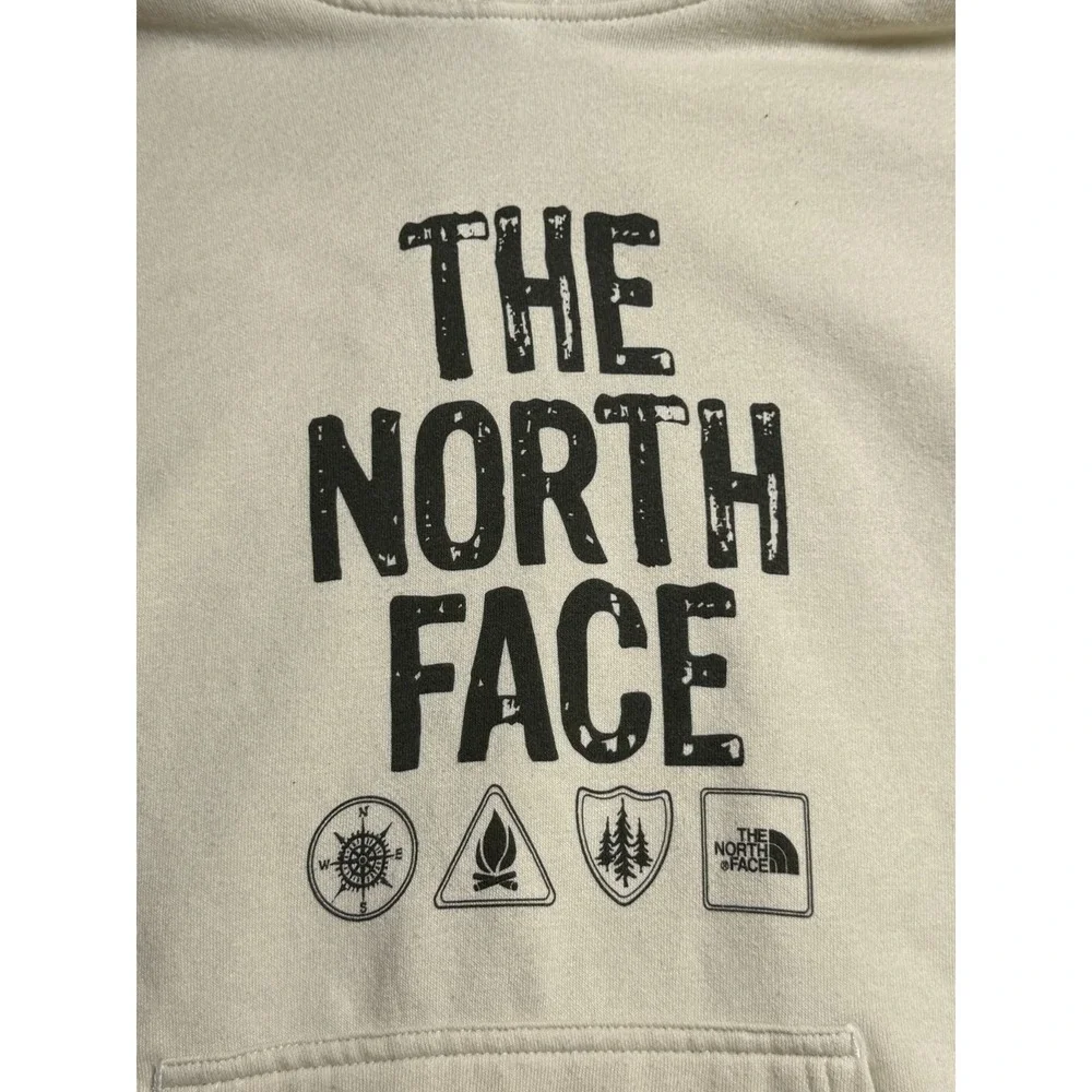 The North Face cream Mens Pullover Hoodie Medium‎ Sweatshirt graphic logo cozy